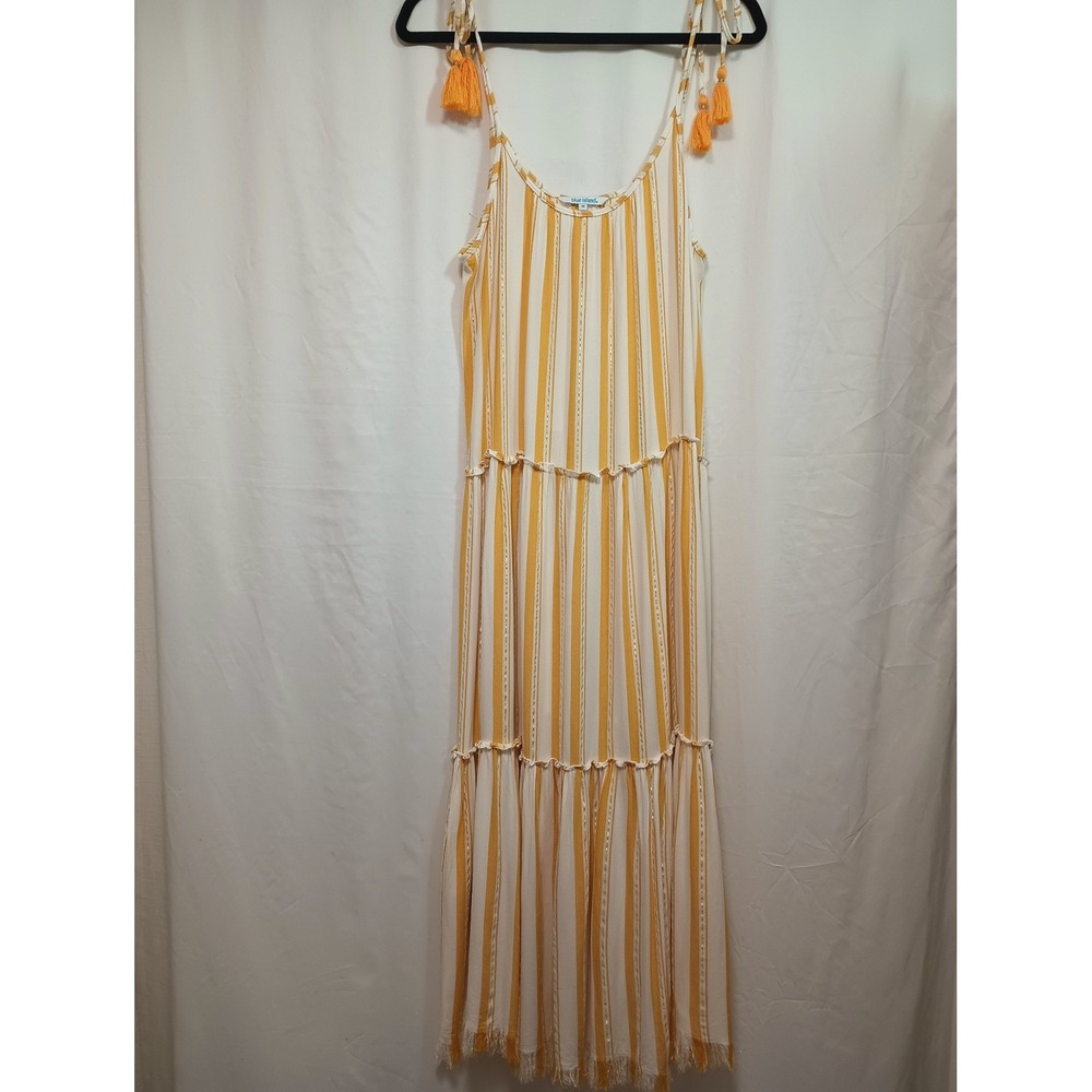 Blue Island Mustard Yellow Striped Maxi Dress Metallic Gold Beach Wear Boho M - Picture 2 of 6